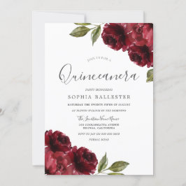 Invitación Hermosas flores rojas borgoñonas Quinceanera