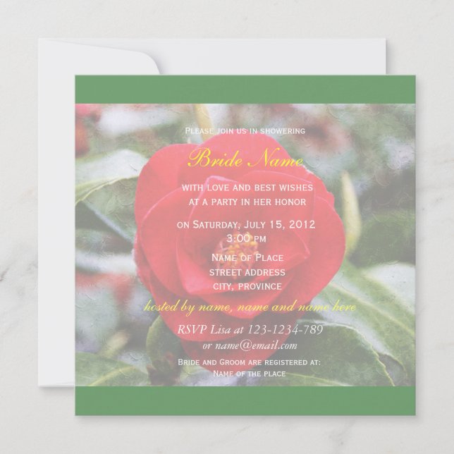 Invitación Hermosas flores rojas de camelia verde ducha de no (Anverso)
