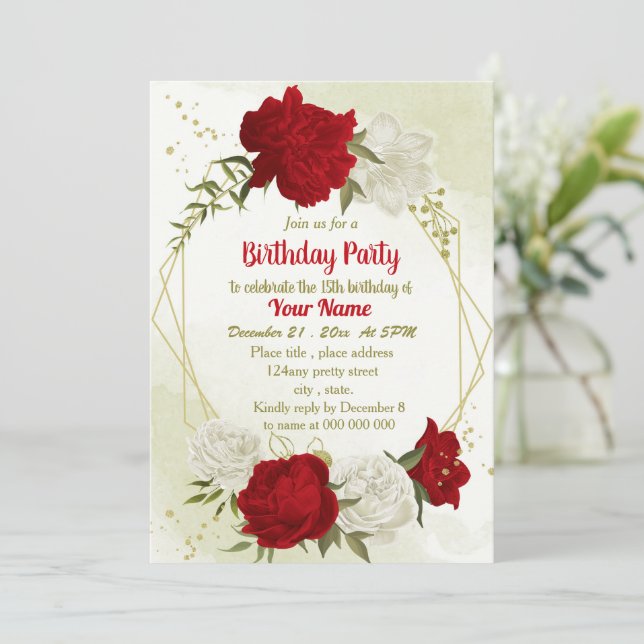 Invitación Hermosas flores rojas hojas verdes cumpleaños (Anverso de pie)