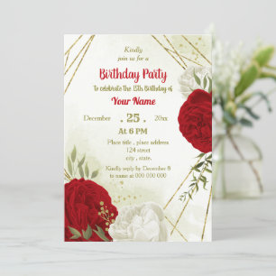 Invitación Hermosas flores rojas hojas verdes cumpleaños
