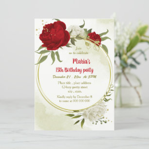 Invitación Hermosas flores rojas hojas verdes cumpleaños