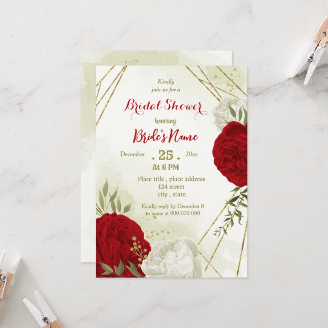 Invitación Hermosas flores rojas hojas verdes ducha de novia (Anverso/Reverso In Situ)