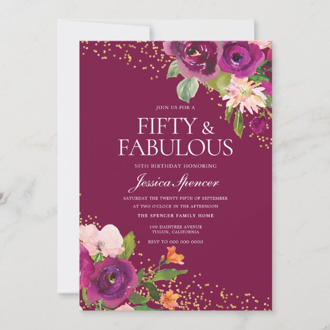 Invitación Hermosas flores rosadas 50 cumpleaños (Anverso)