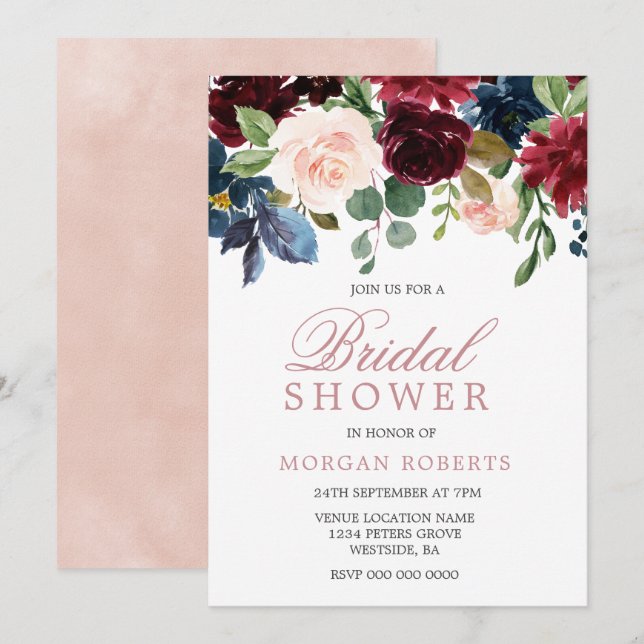 Invitación Hermosas flores rosadas de Rubor Elegante ducha de (Anverso / Reverso)