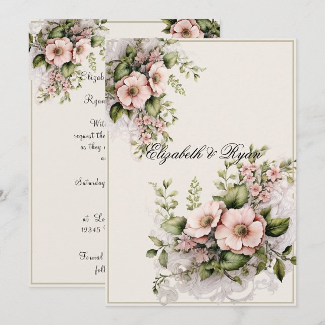 Invitación Hermosas flores rosadas follaje vides (Anverso / Reverso)