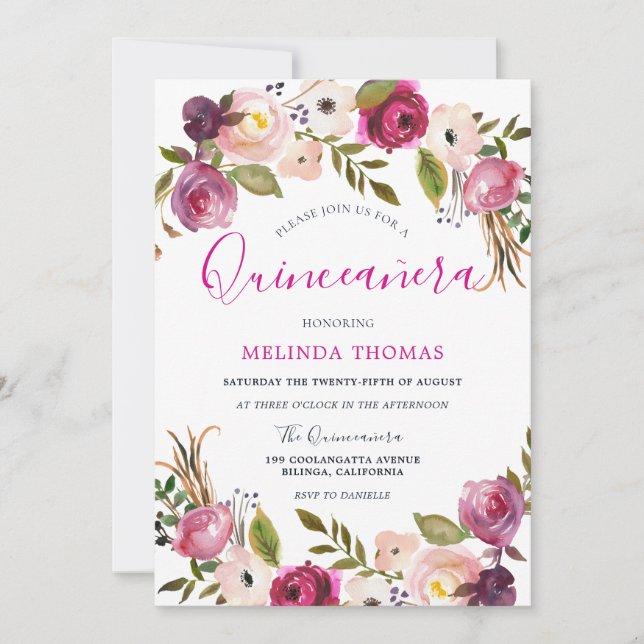 Invitación Hermosas flores rosadas Quinceanera 15º cumpleaños (Anverso)