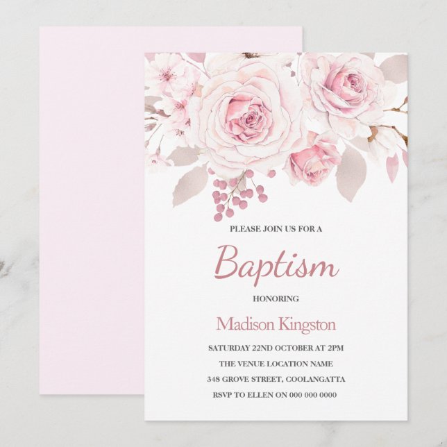 Invitación Hermosas flores rosas de Rubor Baptismo para Chica (Anverso / Reverso)