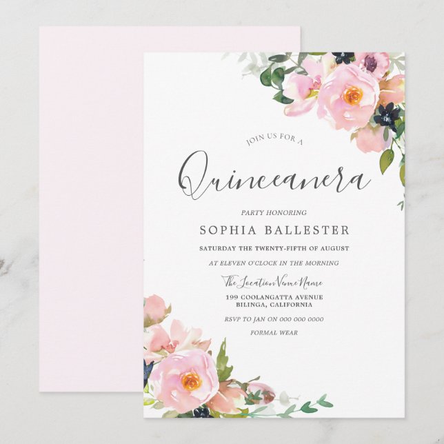 Invitación Hermosas flores rosas de Rubor Fiesta Quinceanera (Anverso / Reverso)