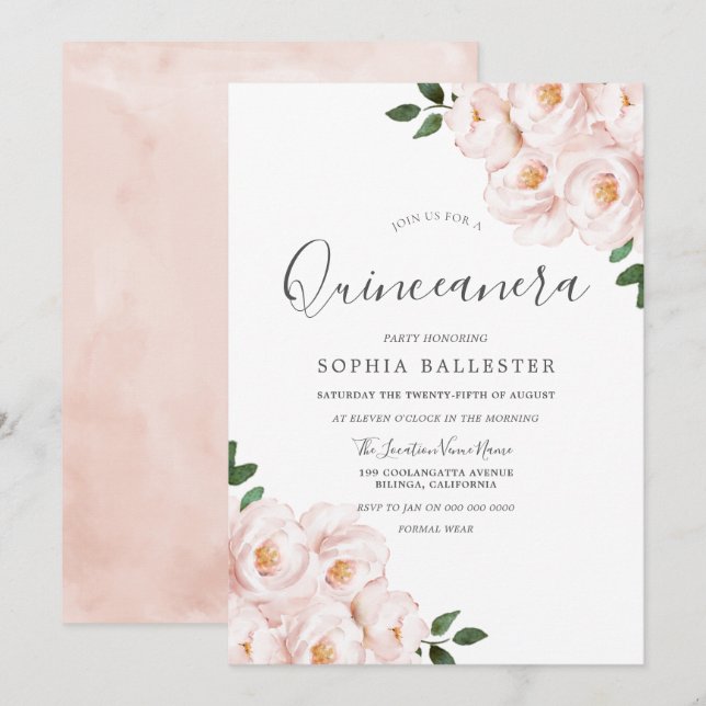 Invitación Hermosas flores Rubor blandas rosadas Quinceanera (Anverso / Reverso)