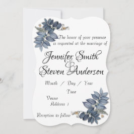 Invitación Hermosas hojas azules simples boda