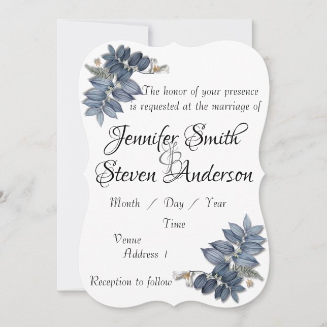 Invitación Hermosas hojas azules simples boda (Anverso)