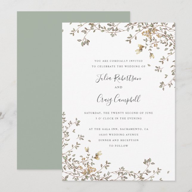 Invitación Hermosas hojas verdes brillantes boda (Anverso / Reverso)