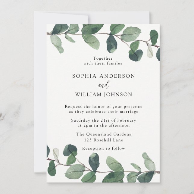 Invitación Hermosas hojas verdes elegante boda de primavera (Anverso)