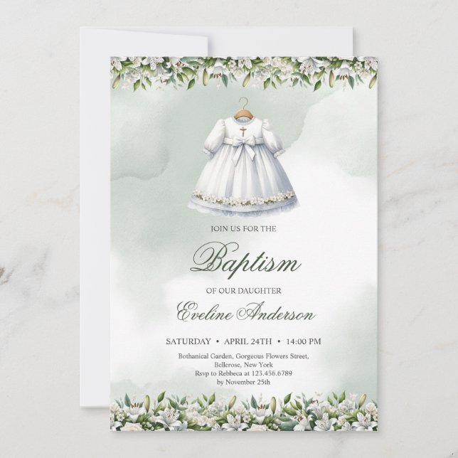 Invitación Hermosas lirios de vestimenta blanca y rosas Bauti (Anverso)