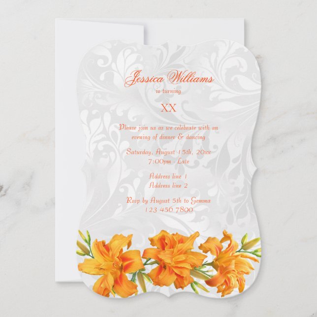 Invitación Hermosas Lirios Naranjas y Fiesta de Cumpleaños Da (Anverso)