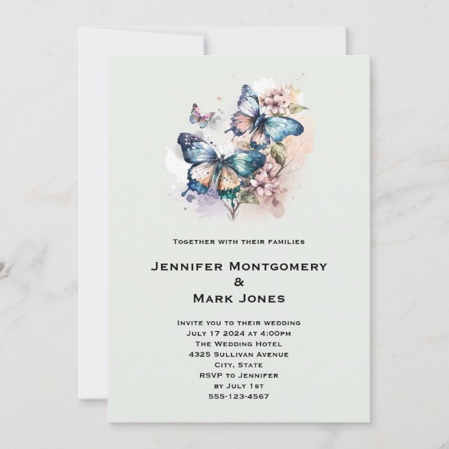 Invitación Hermosas mariposas y Boda de flores (Anverso)