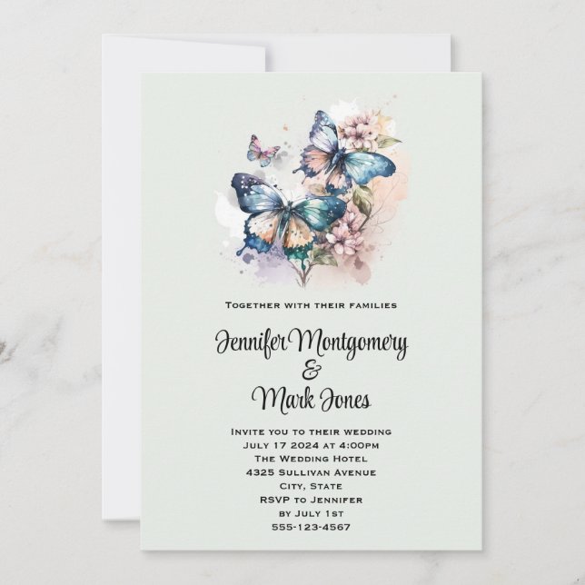 Invitación Hermosas mariposas y flores (Anverso)