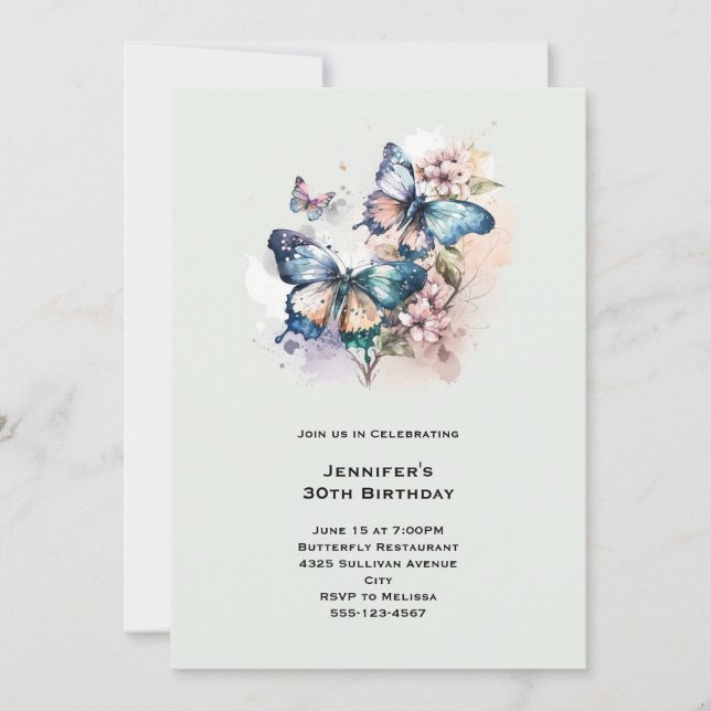 Invitación Hermosas mariposas y flores Cumpleaños (Anverso)