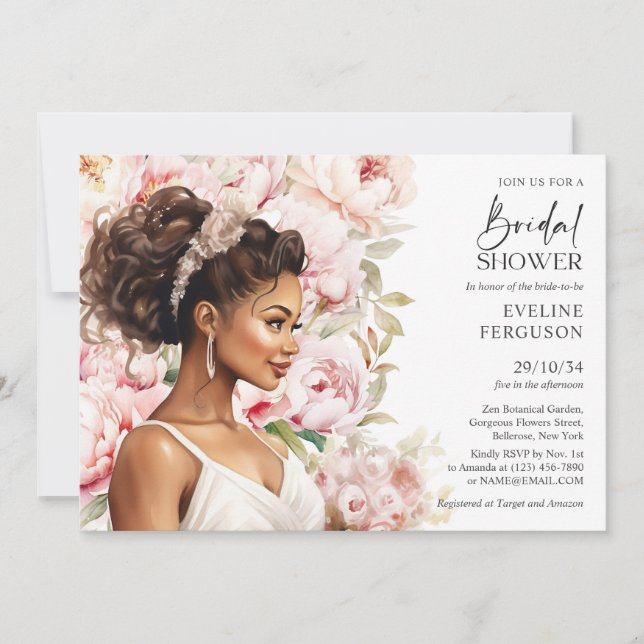 Invitación Hermosas peonías de novias afroamericanas (Anverso)