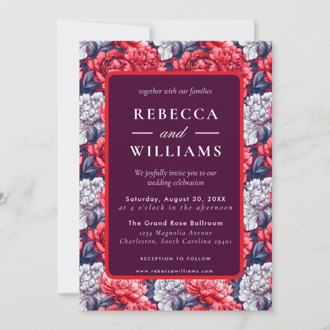Invitación Hermosas Peonías Flor Silvestre Boda (Anverso)