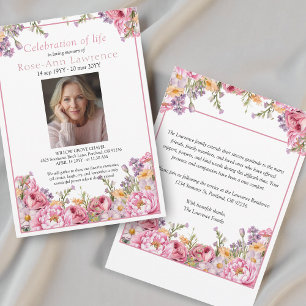 Invitación Hermosas Peonías Rosadas Foto Colorida Funeral