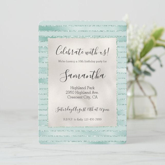 Invitación Hermosas rayas de brillo Glitzy Aqua Mint (Anverso de pie)