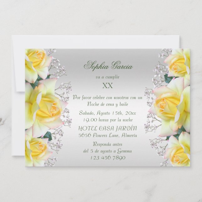 Invitación Hermosas Rosas de la Paz Amarillas Flores Cumpleañ (Anverso)