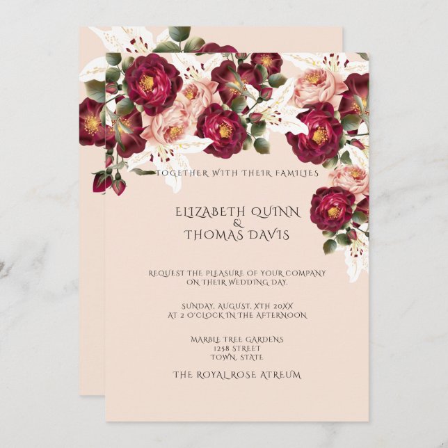 Invitación Hermosas rosas rojas rosadas Peonies White Lilis (Anverso / Reverso)