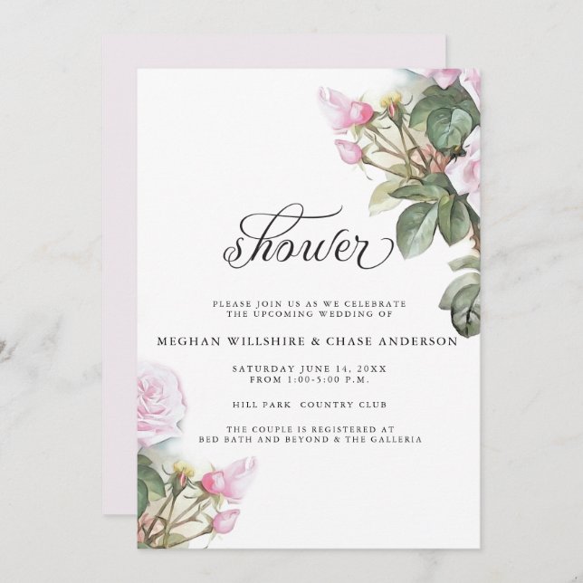 Invitación Hermosas rosas rosas pintadas descalzosBride™ (Anverso / Reverso)