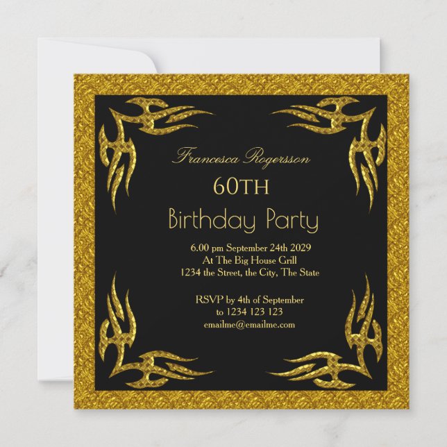 Invitación Hermoso 60 cumpleaños fiesta de oro negro (Anverso)