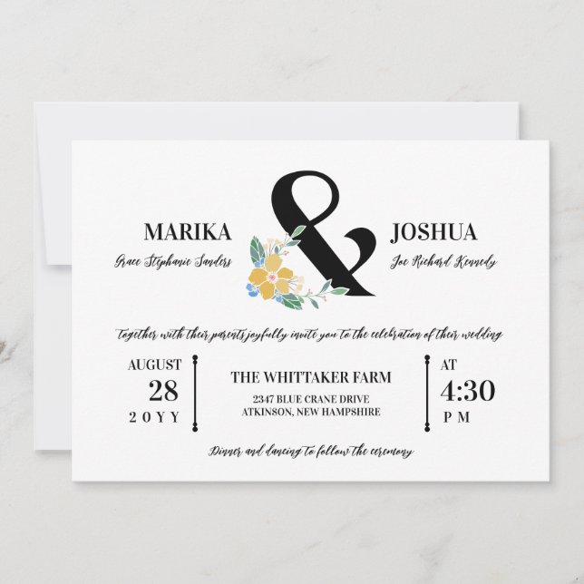 Invitación Hermoso Amarillo Floral Ampersand 2 en 1 Boda (Anverso)