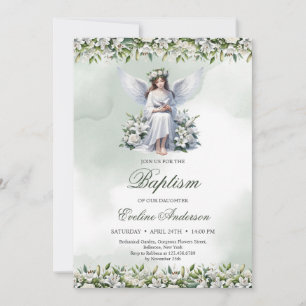 Invitación Hermoso ángel con lirios blancos de paloma Bautism