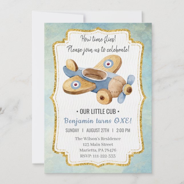 Invitación Hermoso Aniversario del Niño del Juguete del Avión (Anverso)