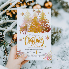Invitación Hermoso árbol Fiesta de Navidades de ciervos rosad