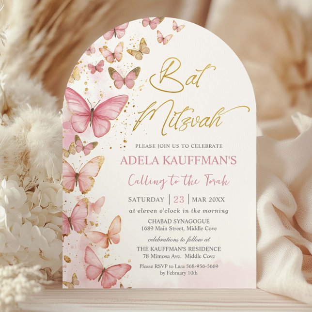 Invitación Hermoso Arco de Bat Mitzvah de Mariposas Rosadas p (Subido por el creador)