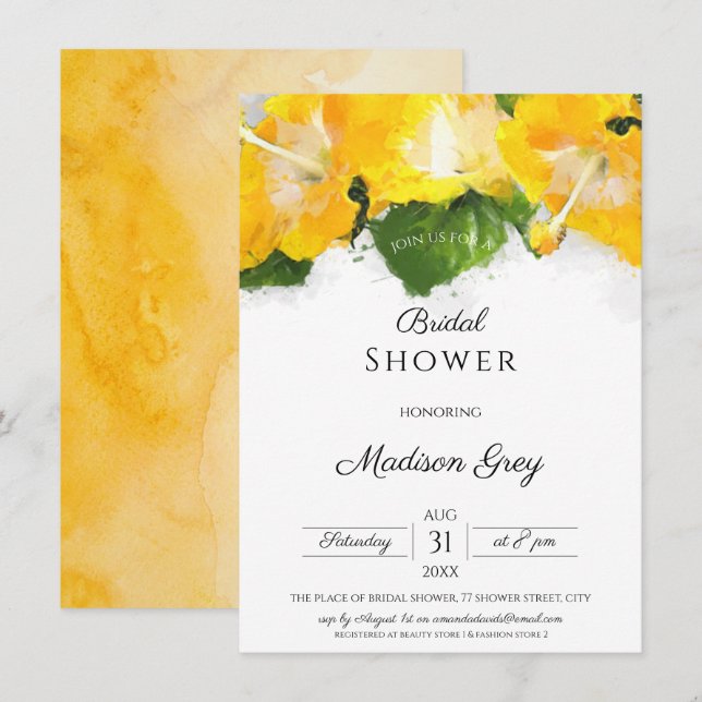 Invitación Hermoso arte de flor de hibisco amarillo para duch (Anverso / Reverso)