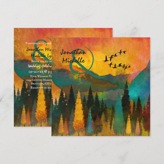 Invitación Hermoso atardecer de montaña, Boda de árboles y av (Anverso / Reverso)