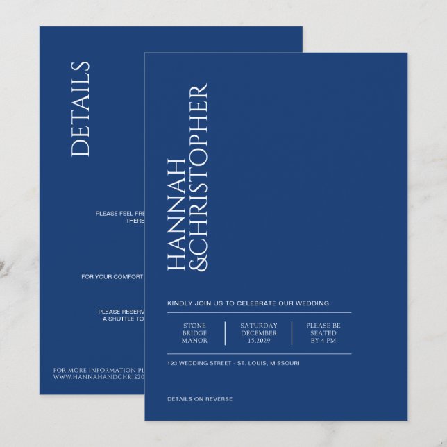 Invitación Hermoso azul con Boda de detalles (Anverso / Reverso)