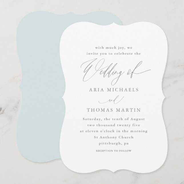 Invitación Hermoso azul con caligrafía Boda (Anverso / Reverso)