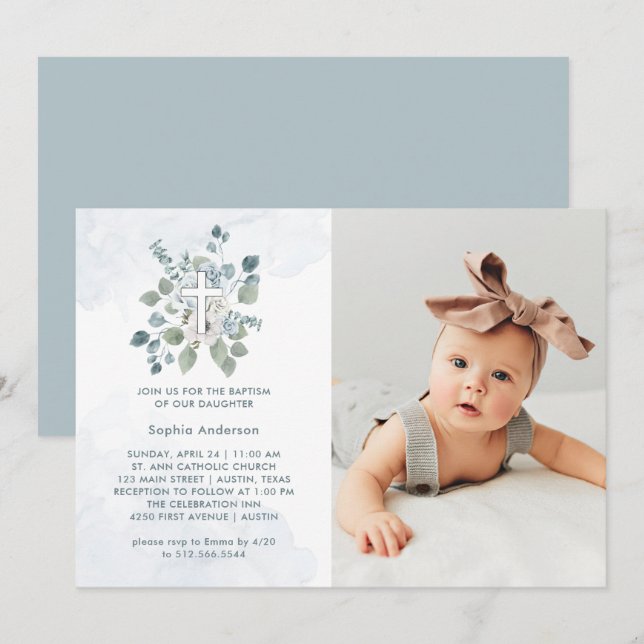 Invitación Hermoso azul turbio acuarela Floral Foto bautismo (Anverso / Reverso)