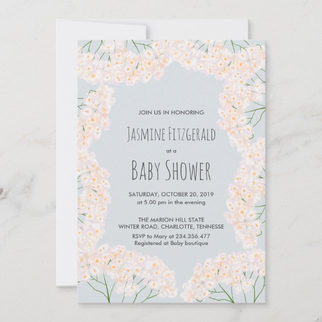Invitación Hermoso Baby Shower con flores de aliento para beb (Anverso)