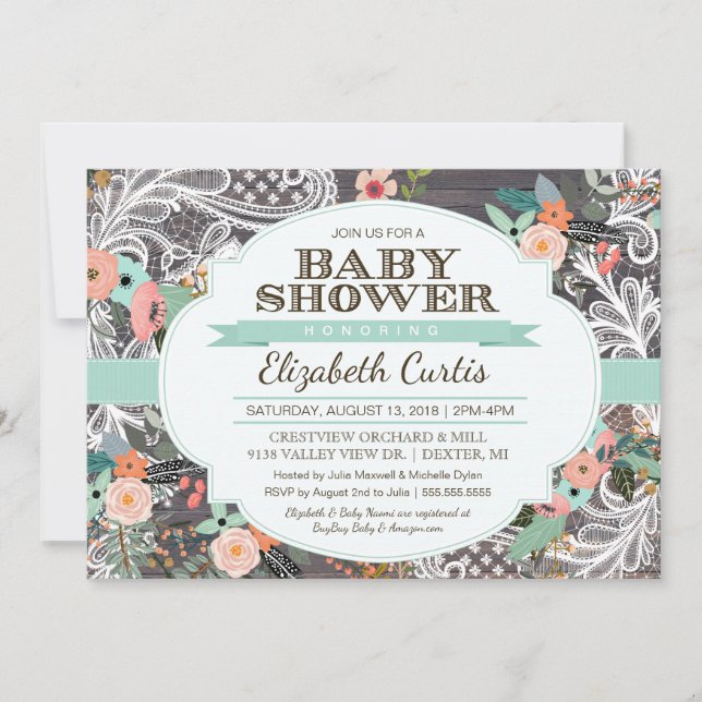 Invitación Hermoso Baby Shower de floral y boho de encaje rús (Anverso)