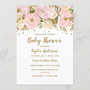 Invitación Hermoso Baby Shower de flores rosadas doradas