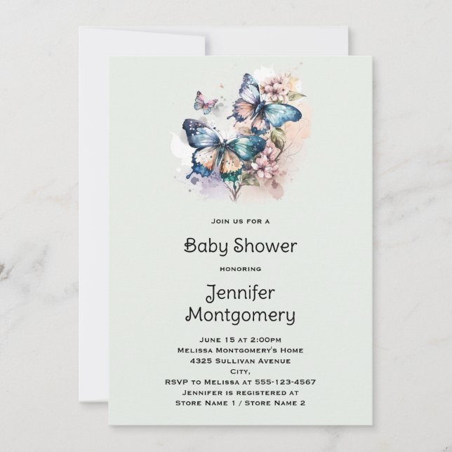 Invitación Hermoso Baby Shower de Mariposas y Flores (Anverso)