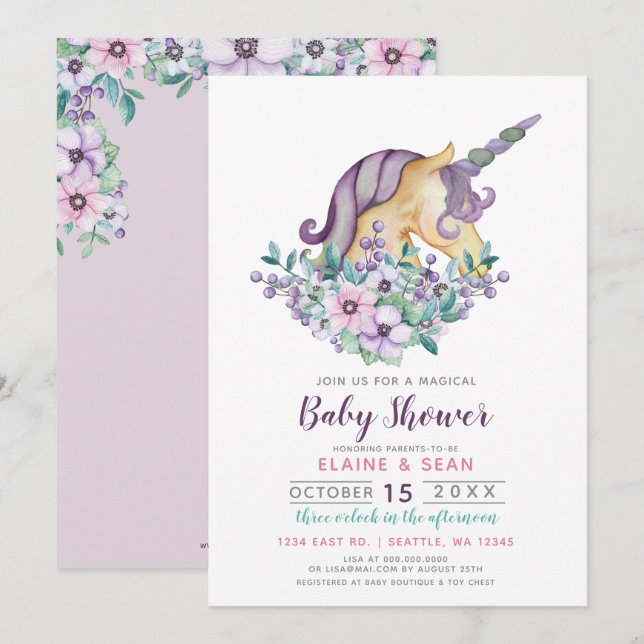Invitación Hermoso Baby Shower de unicornios Chicas morados c (Anverso / Reverso)