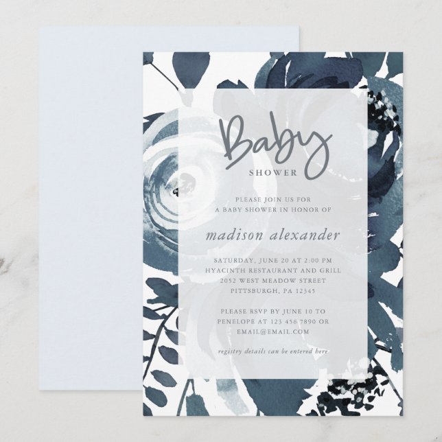 Invitación Hermoso Baby Shower floral azul y blanco (Anverso / Reverso)