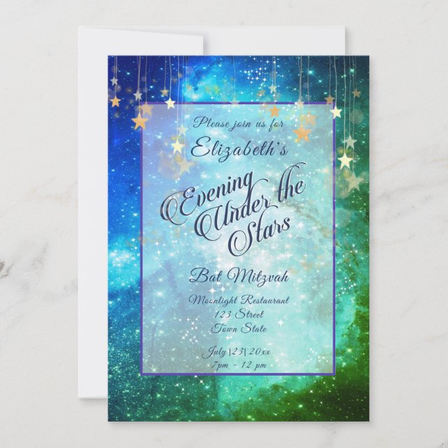 Invitación Hermoso bajo las estrellas Barba Verde Azul Mitzva (Anverso)