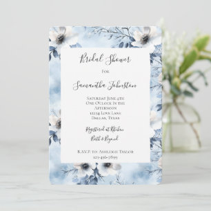 Invitación Hermoso Baño de Novia con Flores Blancas Azul Clar