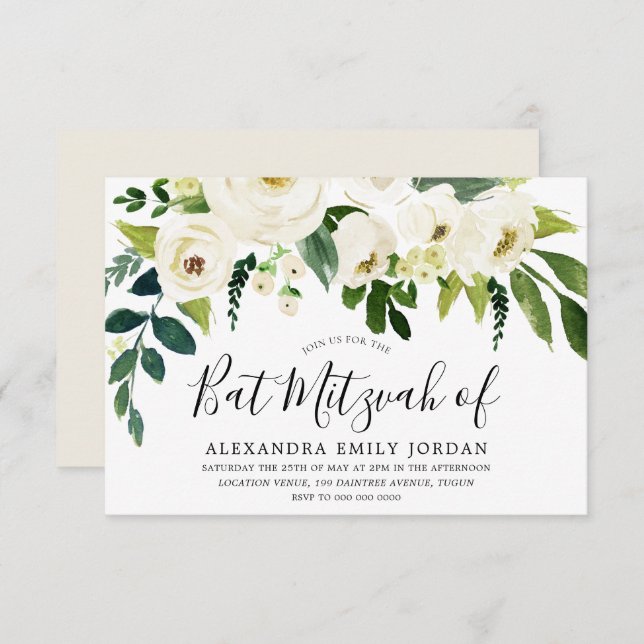 Invitación Hermoso bar de flores blancas Mitzvah Bat Mitzvah (Anverso / Reverso)