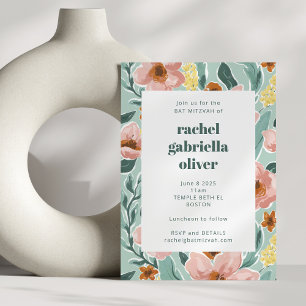 Invitación Hermoso Bat Mitzvah Floral Rosa Rosado Menta Salvi
